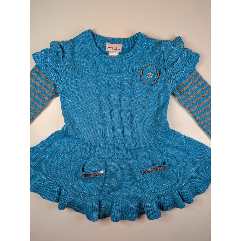 Little Lass Girls 5T Blue Sparkle Sweater Dress Cable Knit Ruffle Long Sleeve